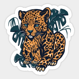 Leopard sitting in between monstera leaves kawaii Sticker